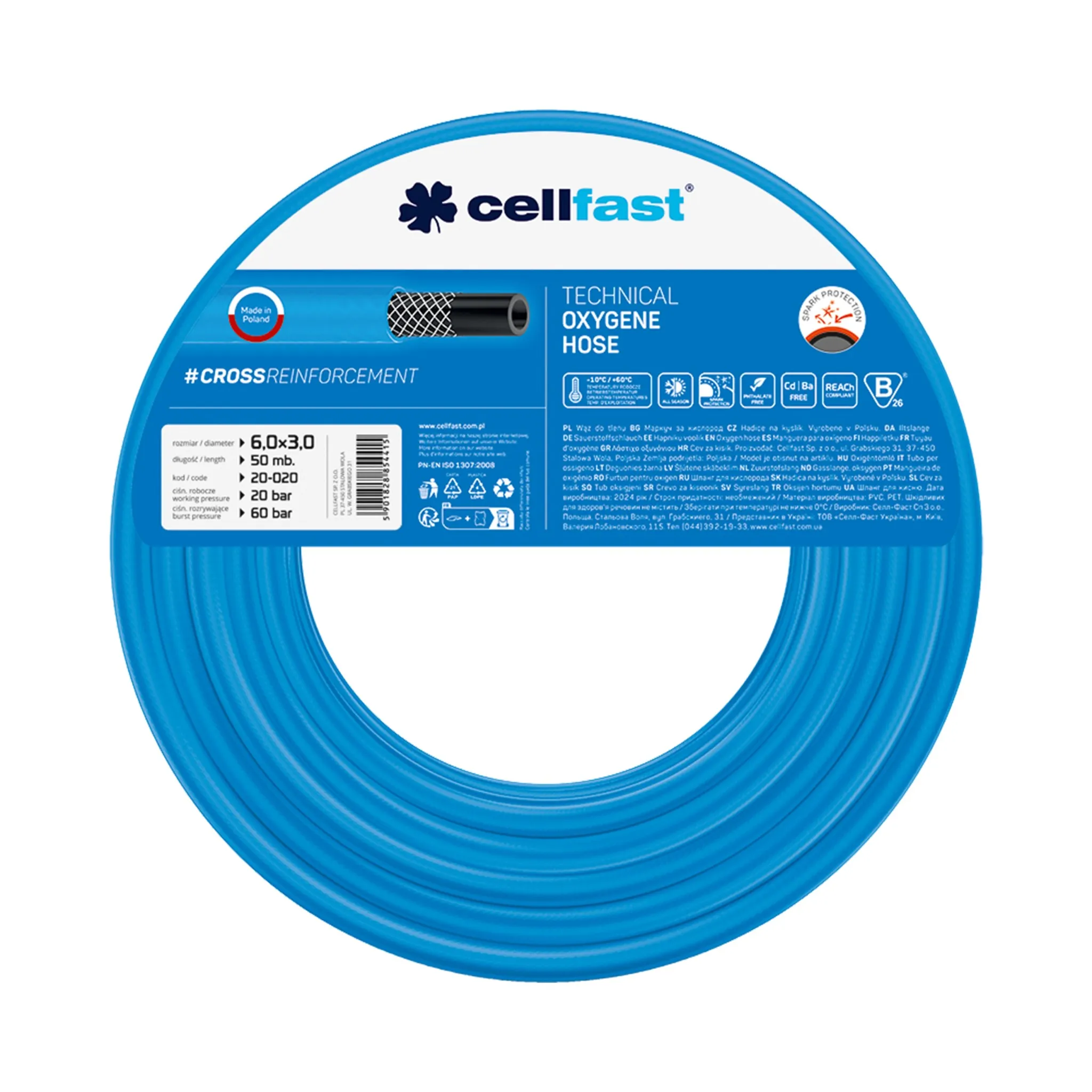 Furtunuri pentru diverse întrebuințări (tehnice, oxigen, apă de aspirație, acetilenă, pentru gaz) - Furtun pentru oxigen D. 6x3 (albastru) 20-684 / 20-020  CELLFAST