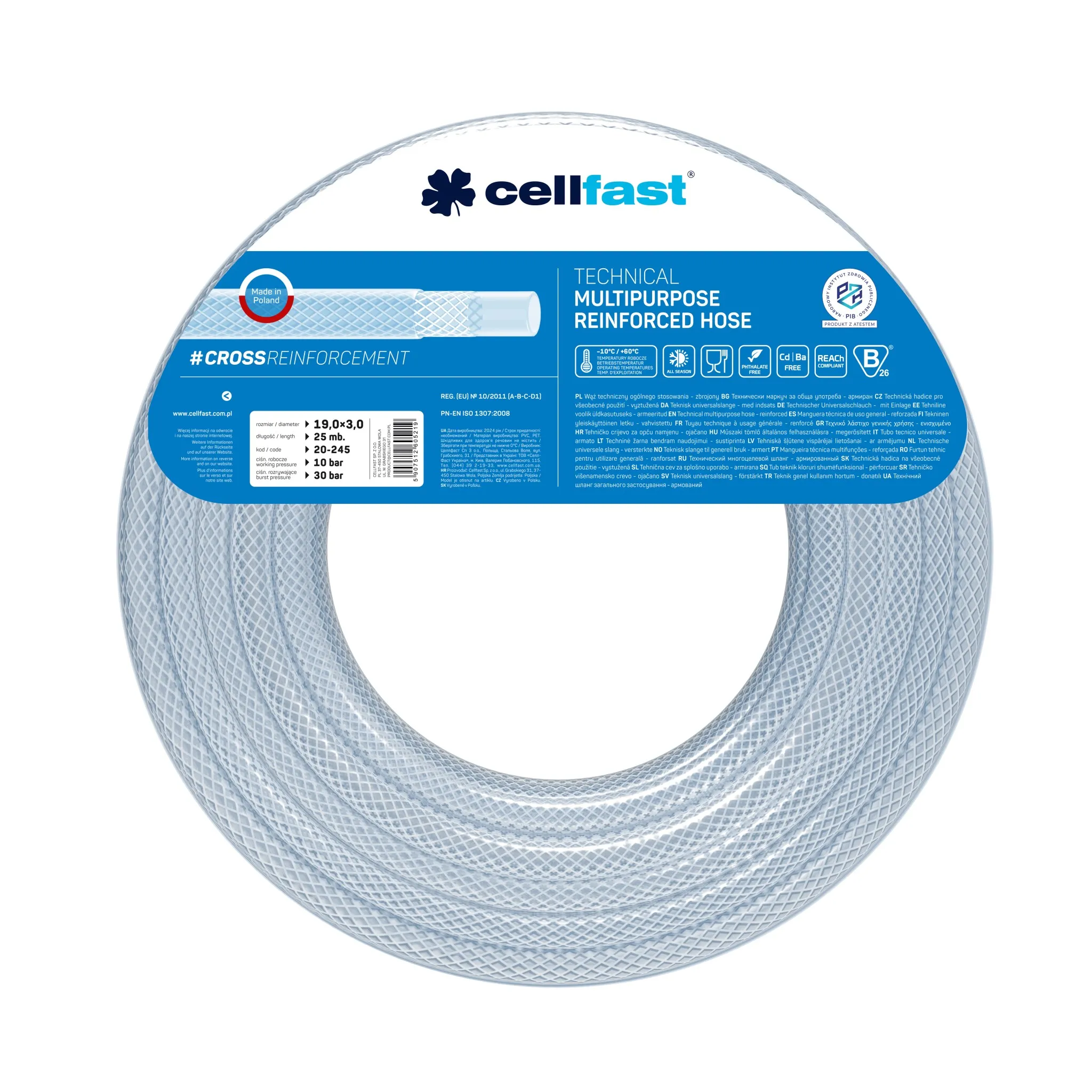 Furtunuri pentru diverse întrebuințări (tehnice, oxigen, apă de aspirație, acetilenă, pentru gaz) - Furtun tehnic siliconat multifunctional armat PVC D.19x3 20-245  CELLFAST L=25 m