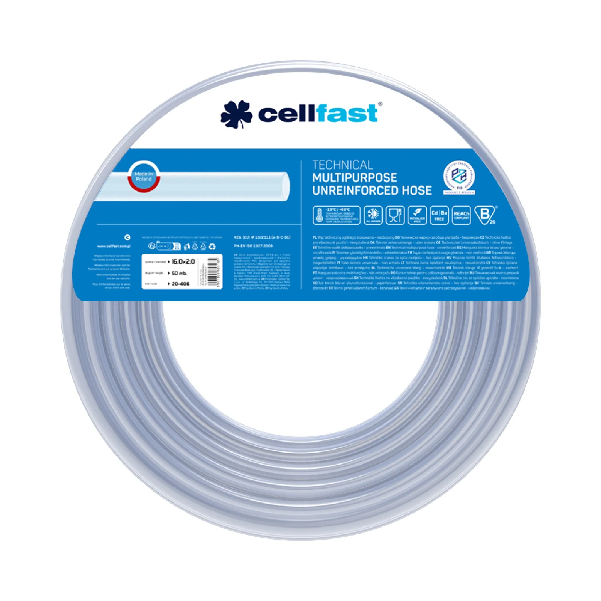 Furtunuri pentru diverse întrebuințări (tehnice, oxigen, apă de aspirație, acetilenă, pentru gaz) - Furtun tehnic siliconat multifunctional PVC D.16x2 20-406  CELLFAST L=50 m