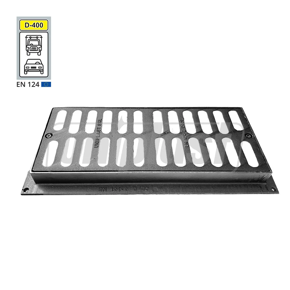 Grile și canale de scurgere; trape de curte din fontă și plastic - Gratar fonta canalizare cu lacat 315x840x63 mm EN124 D400 (447x944x76 mm) 40 kg IS