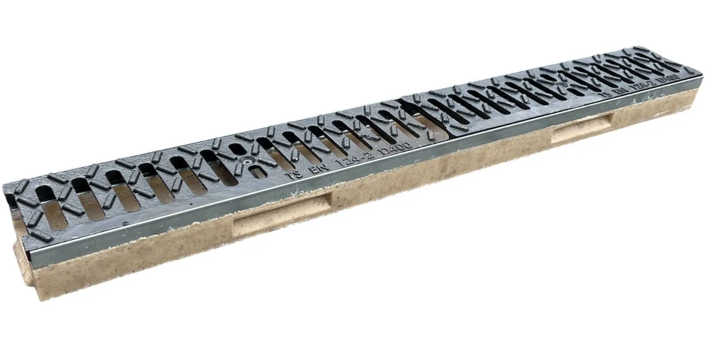Grile și canale de scurgere; trape de curte din fontă și plastic - Gratar fonta canalizare cu rigola fibrobeton L=1000 mm H=100 mm B=125 mm EN124 D400 TR