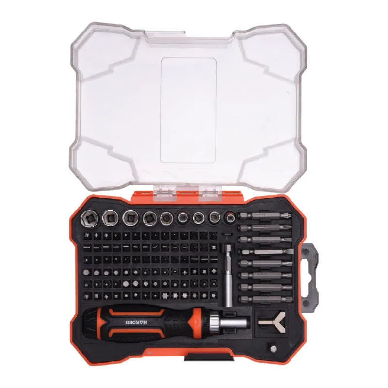 Scule pentru montaj. Șurubelnițe - Set biti si cheie cu clichet - 105 buc. ERGO cutie din plastic Pro  HARDEN