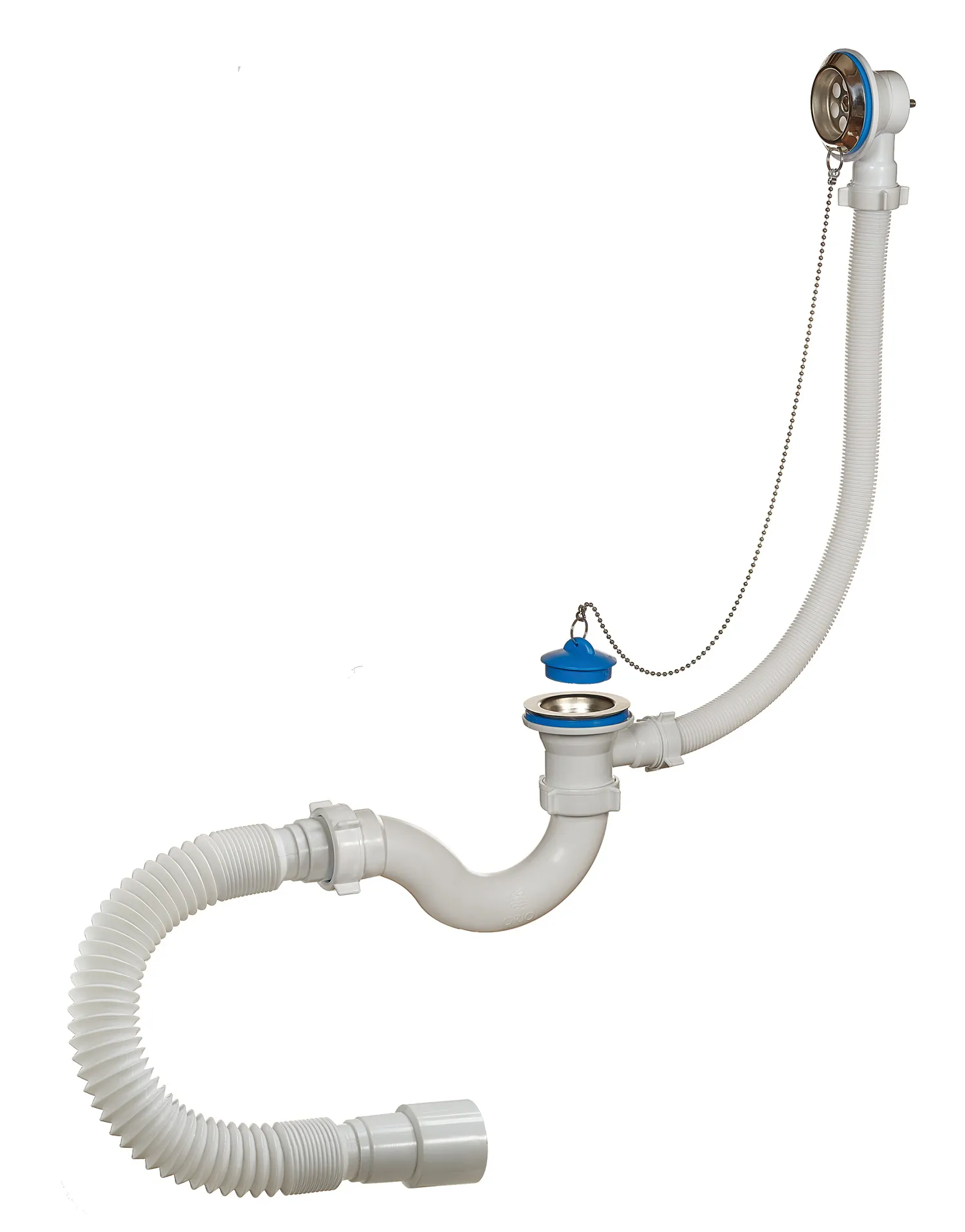 Sifoane pentru căzi și cădițe de duș - Sifon cada D. 1.1/2" x 40 "S"-tip, grila inox, cu preaplin si furtun gofrat 40/50  ORIO