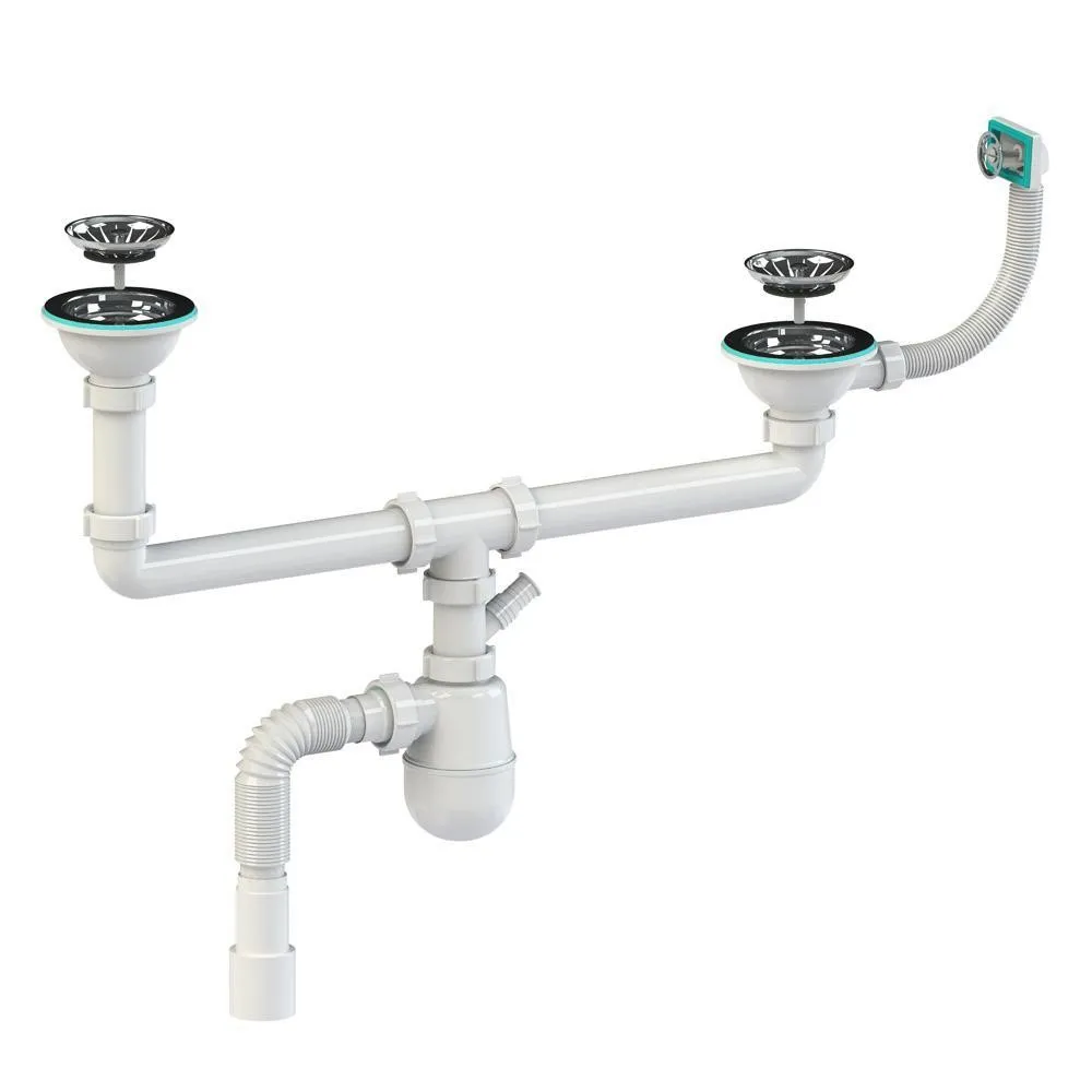 Sifoane pentru chiuvete de bucătărie - Sifon chiuveta tip "butelie" dublu ridicat D. 1.1/2" x 40 cu 1 racord, preaplin si furtun gofrat 40/50 К1551  SOLOPLAST