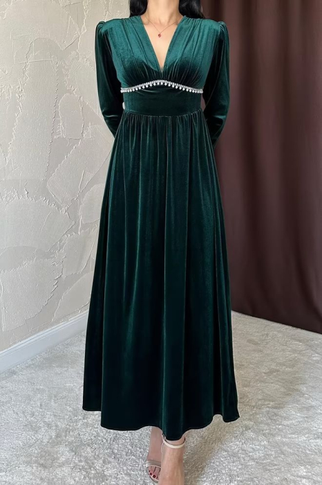 Rochie dama Elisa catifea verde, maxi [2]