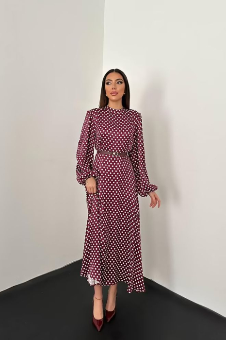 Rochie dama Elisa, satin, visiniu cu buline [3]