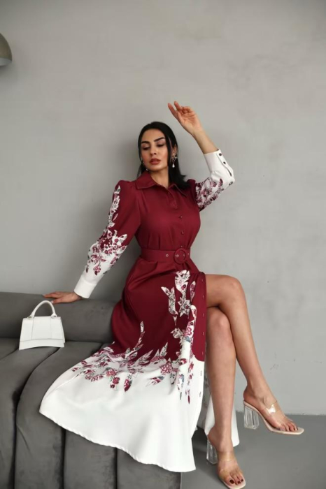 Rochie maxi, poliester-bumbac, bordeaux cu Imprimeu Floral si Tiv Ecru, S [4]