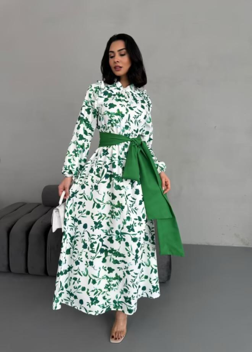 Rochie maxi, poliester-bumbac, florala cu funda verde, L [3]