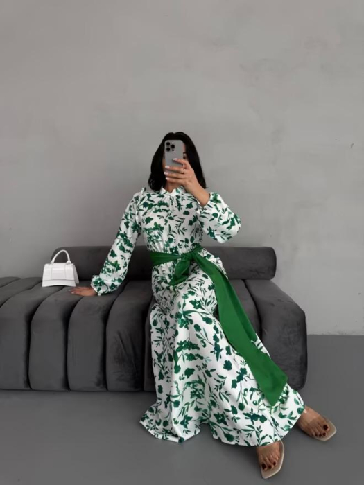 Rochie maxi, poliester-bumbac, florala cu funda verde, L [2]