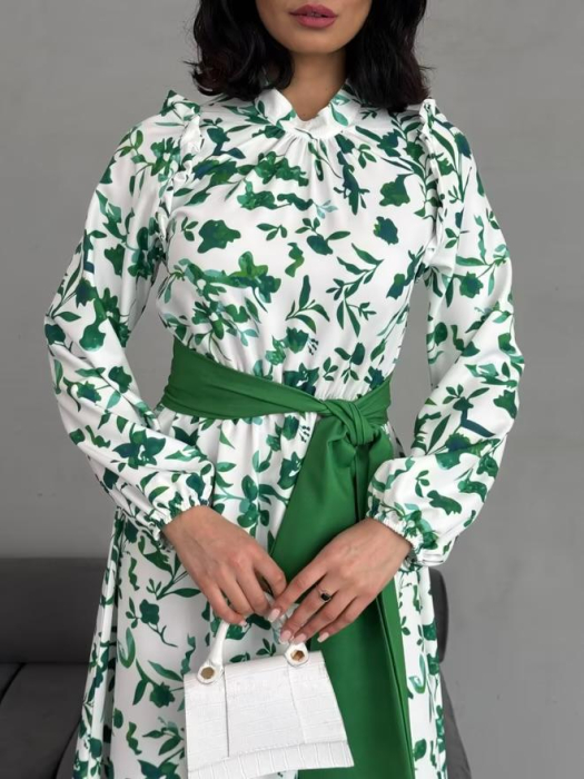 Rochie maxi, poliester-bumbac, florala cu funda verde, L [4]