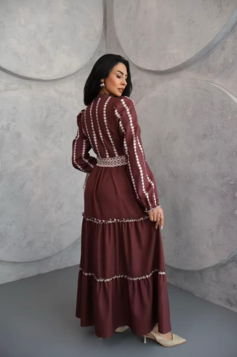 Rochie  maxi, poliester-bumbac, nude inchis cu imprimeu si dantela, S [2]