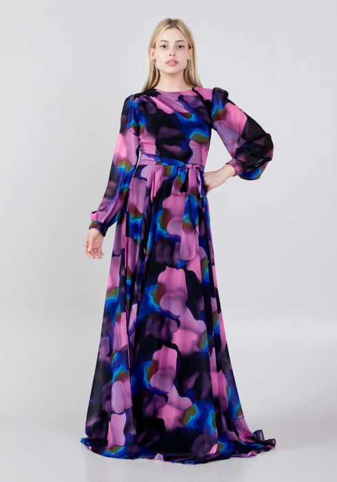 Vefastyle See-line, rochie lunga cu voal negru-roz [2]