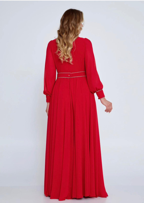 Vefastyle- See-line, rochie lunga, rosu cu voal [4]