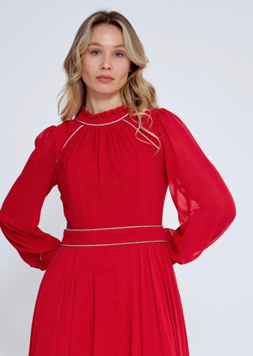 Vefastyle- See-line, rochie lunga, rosu cu voal [3]