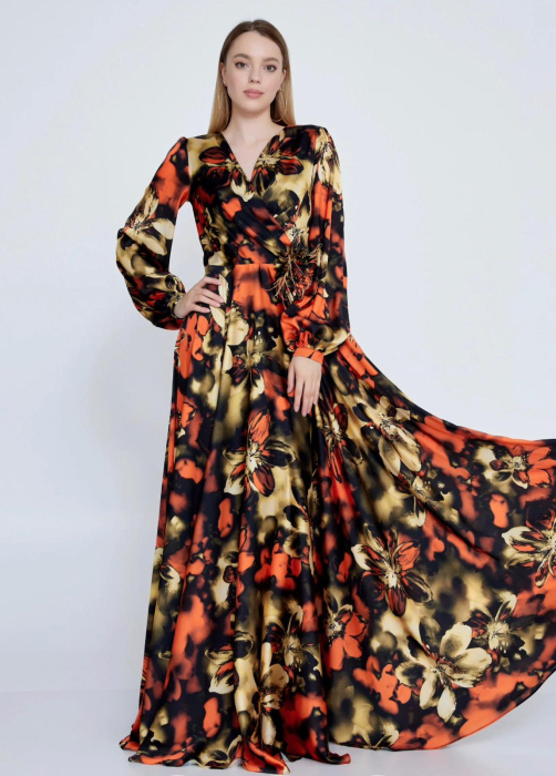 Vefastyle- See-line, rochie lunga satin, Orange [4]