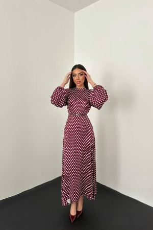 Rochie dama Elisa, satin, visiniu cu buline [3]