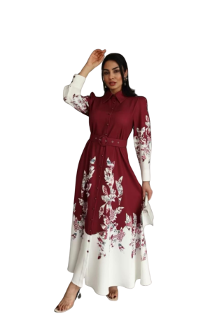 Rochie maxi, poliester-bumbac, bordeaux cu Imprimeu Floral si Tiv Ecru, S [4]