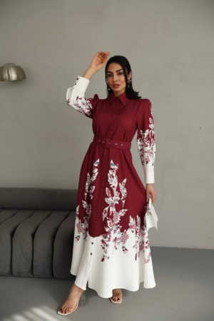 Rochie maxi, poliester-bumbac, bordeaux cu Imprimeu Floral si Tiv Ecru, S [2]