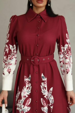 Rochie maxi, poliester-bumbac, bordeaux cu Imprimeu Floral si Tiv Ecru, S [1]