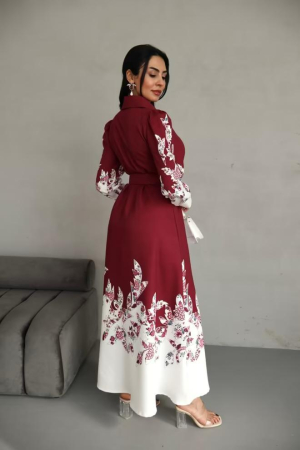 Rochii - Rochie maxi, poliester-bumbac, bordeaux cu Imprimeu Floral si Tiv Ecru, S