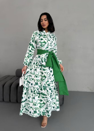 Rochie maxi, poliester-bumbac, florala cu funda verde, L [2]