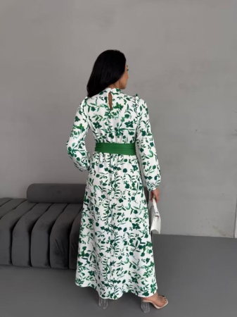 Rochii - Rochie maxi, poliester-bumbac, florala cu funda verde, L