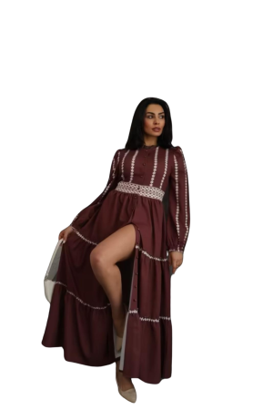 Rochie  maxi, poliester-bumbac, nude inchis cu imprimeu si dantela, S [3]