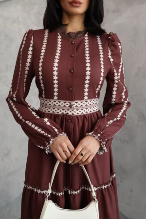 Rochii - Rochie  maxi, poliester-bumbac, nude inchis cu imprimeu si dantela, S