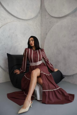 Rochie  maxi, poliester-bumbac, nude inchis cu imprimeu si dantela, S [2]