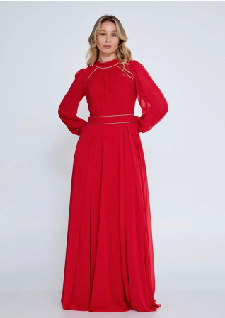 Vefastyle- See-line, rochie lunga, rosu cu voal [1]