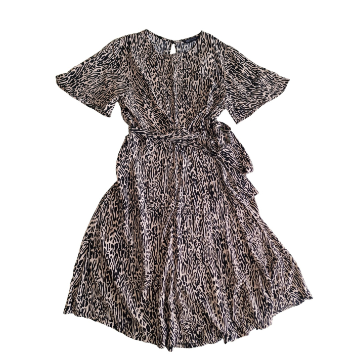 Rochie Marks & Spencer, animal print, evazata, tiered cu cordon wrap, L [2]