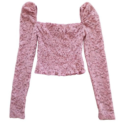 Bluza TOPSHOP crop, dantela roz, off-shoulder, maneca lunga, marime XS [2]