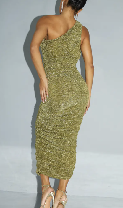 Rochie PrettyLittleThing Gold Glitter Plisse Ruched One Shoulder, marime M [2]