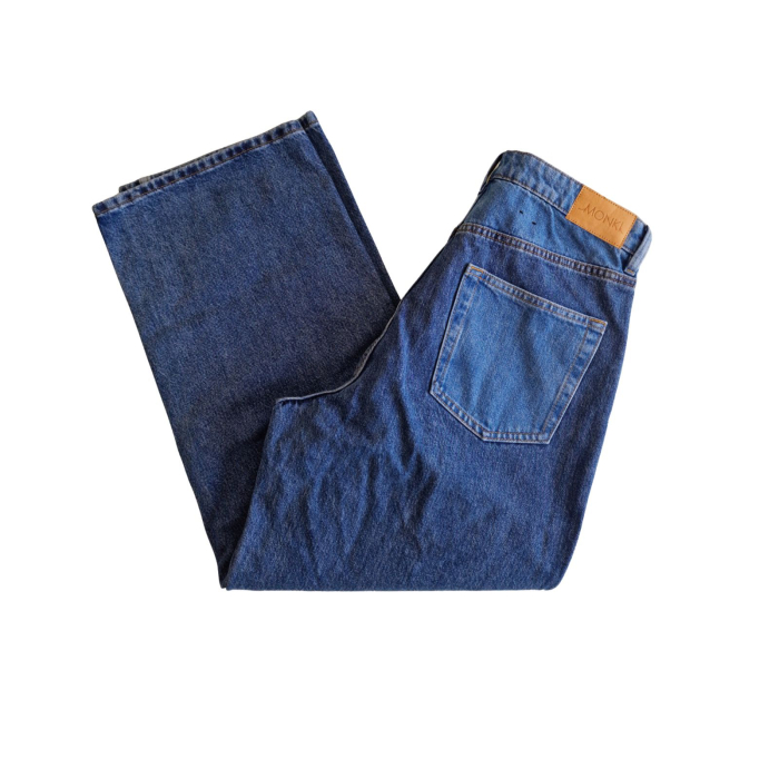 Blugi MONKI, patchwork, hight waist, albastru denim, straight fit, M [6]