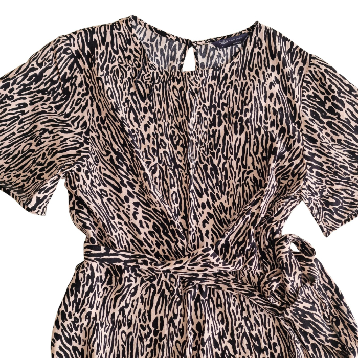 Rochie Marks & Spencer, animal print, evazata, tiered cu cordon wrap, L [5]