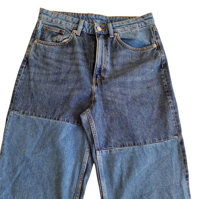 Blugi MONKI, patchwork, hight waist, albastru denim, straight fit, M [5]