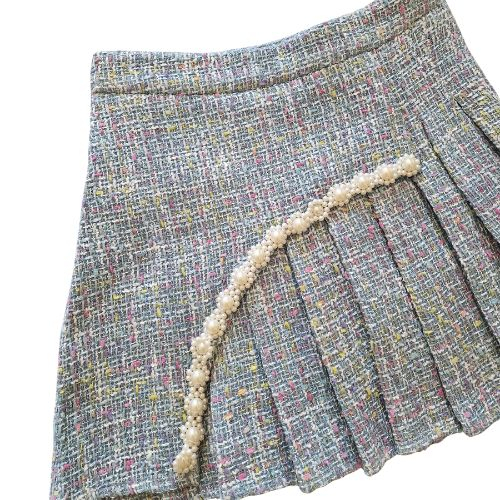 Fusta VTG tweed plisata, multicolorpastel, aplicatii perle, marime XS [3]