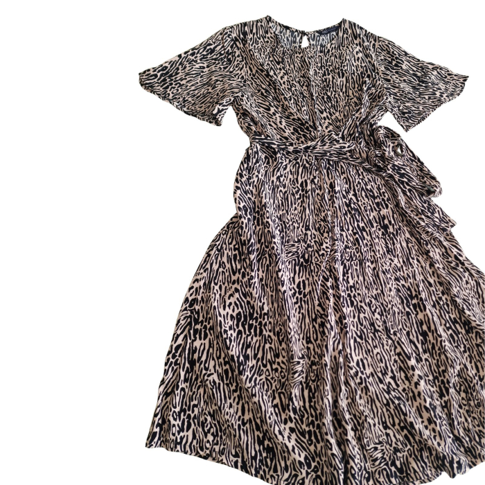 Rochie Marks & Spencer, animal print, evazata, tiered cu cordon wrap, L [3]
