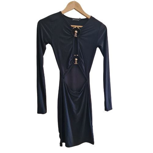 Rochie PrettyLittleThing negru, decupaje si detalii metalice, marime S [2]