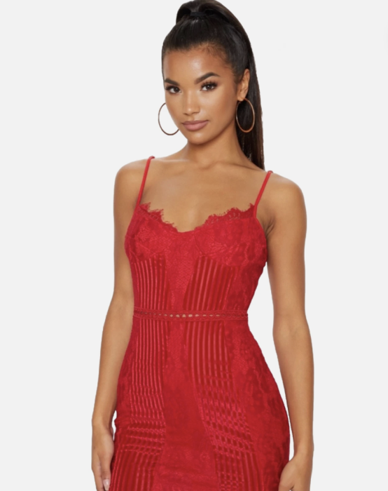 Rochie Pretty Little Thing  Red Strappy Lace Velvet Insert Bodycon, marime S [2]