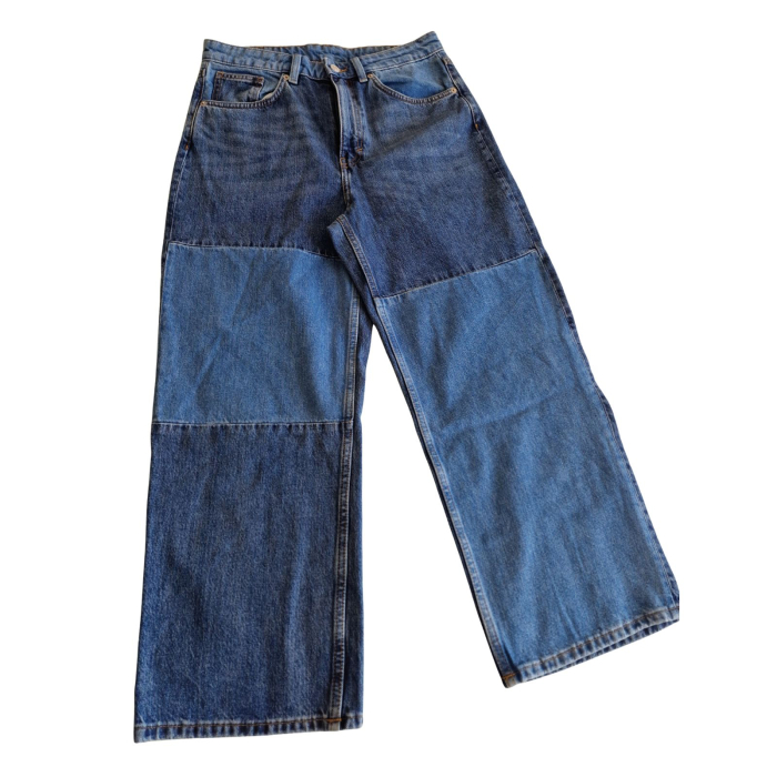 Blugi MONKI, patchwork, hight waist, albastru denim, straight fit, M [4]