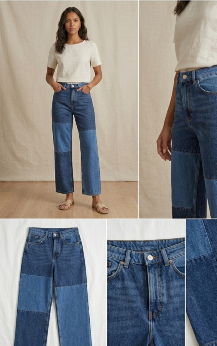 Blugi MONKI, patchwork, hight waist, albastru denim, straight fit, M [2]