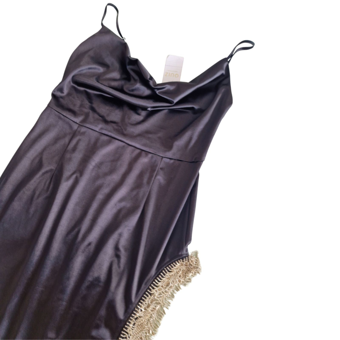 Rochie de seara QUIZ, franjuri aurii, decolteu cowl, slit lateral, L [5]