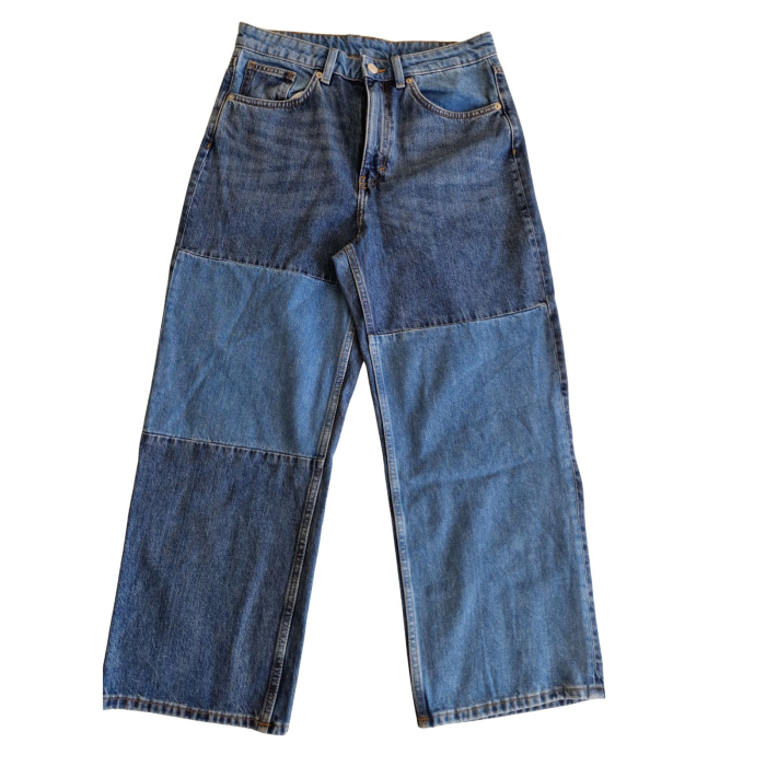 Blugi MONKI, patchwork, hight waist, albastru denim, straight fit, M [3]
