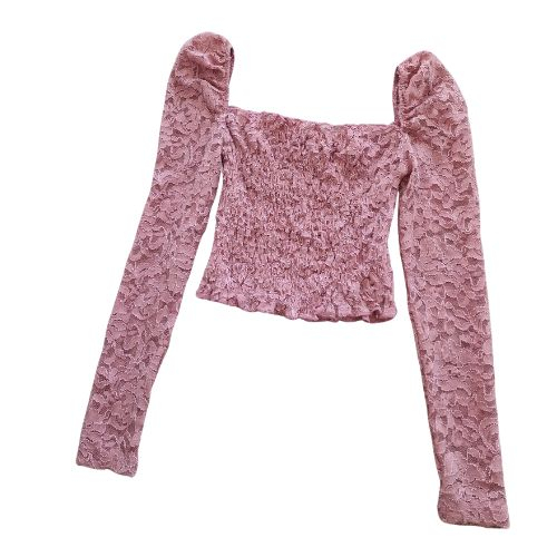 Bluza TOPSHOP crop, dantela roz, off-shoulder, maneca lunga, marime XS [3]