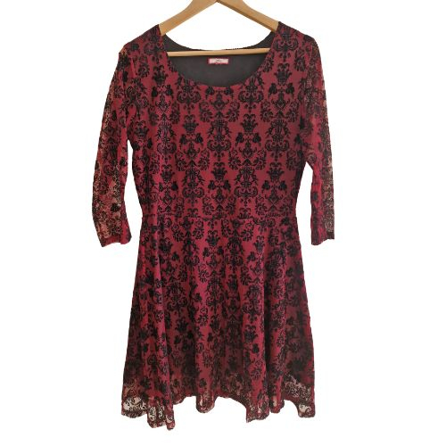 Rochie VTG dantela, rosu-negru, imprimeu damasc catifelat, marime L [2]