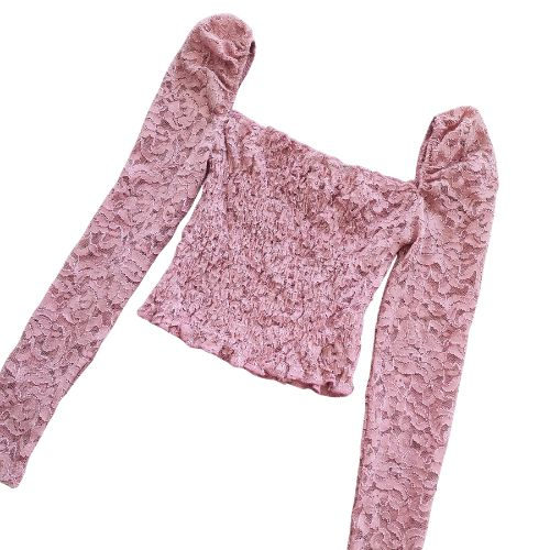 Bluza TOPSHOP crop, dantela roz, off-shoulder, maneca lunga, marime XS [6]