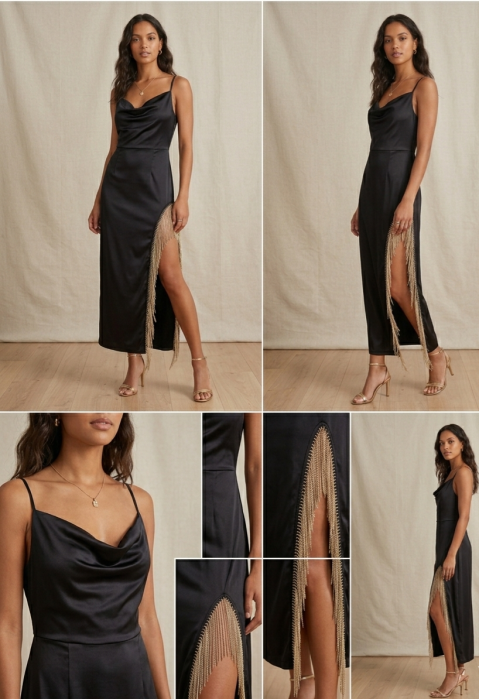 Rochie de seara QUIZ, franjuri aurii, decolteu cowl, slit lateral, L [2]