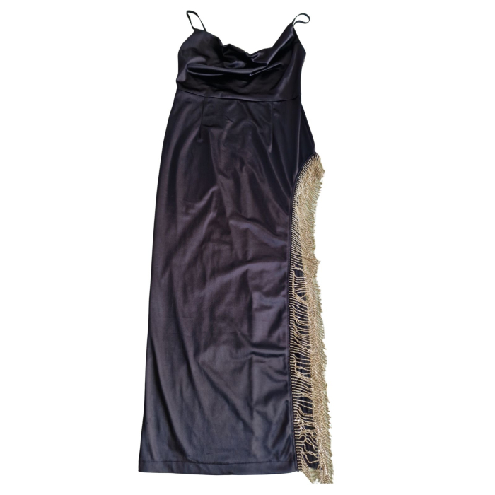Rochie de seara QUIZ, franjuri aurii, decolteu cowl, slit lateral, L [3]