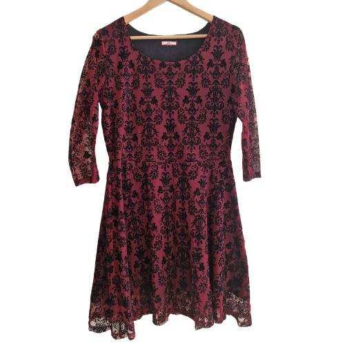 Rochie VTG dantela, rosu-negru, imprimeu damasc catifelat, marime L [3]